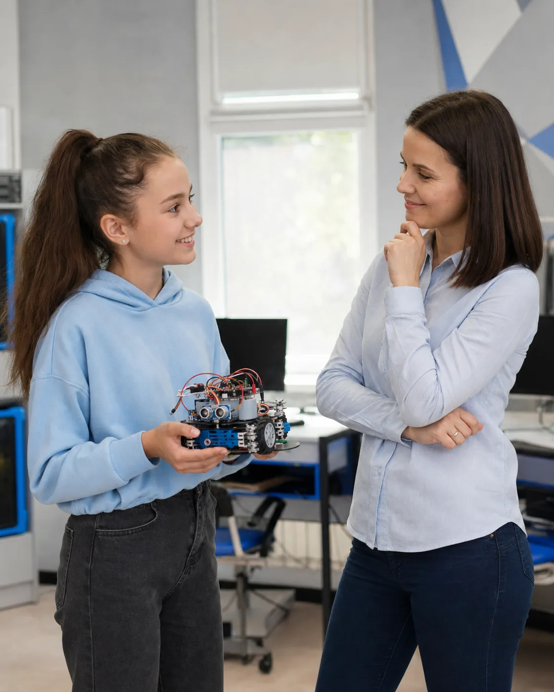 Школьница показывает преподавательнице собранного робота